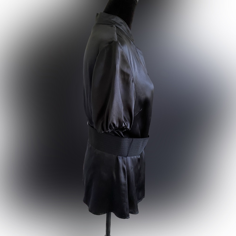 White House Black Market Black Satin Button-Front Blouse with Belt - Picture 3 of 8